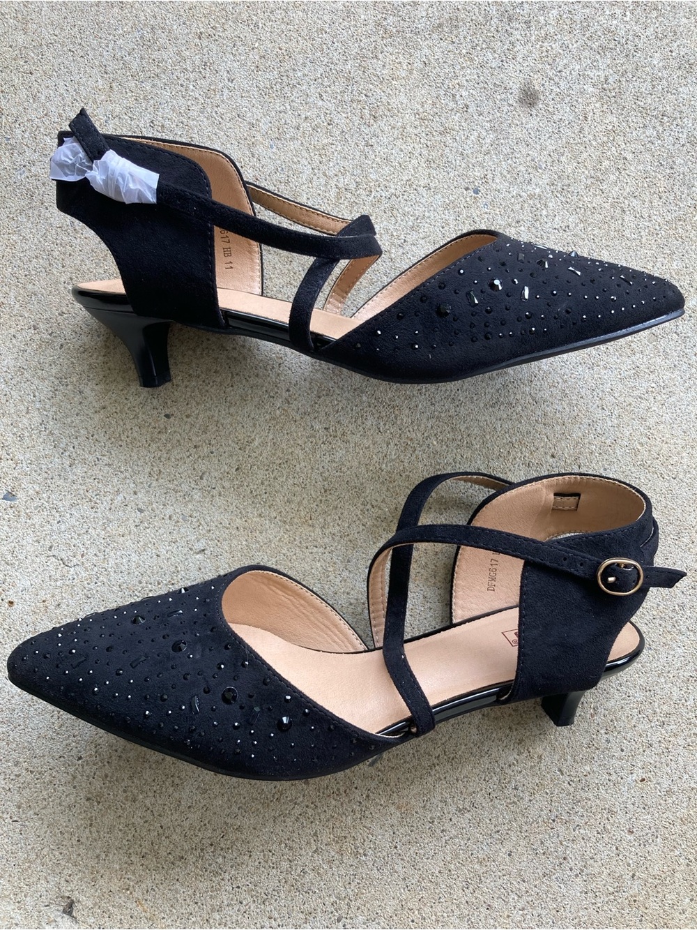 IDIFU Black Pointed-Toe Crystal Slingback Kitten Heels